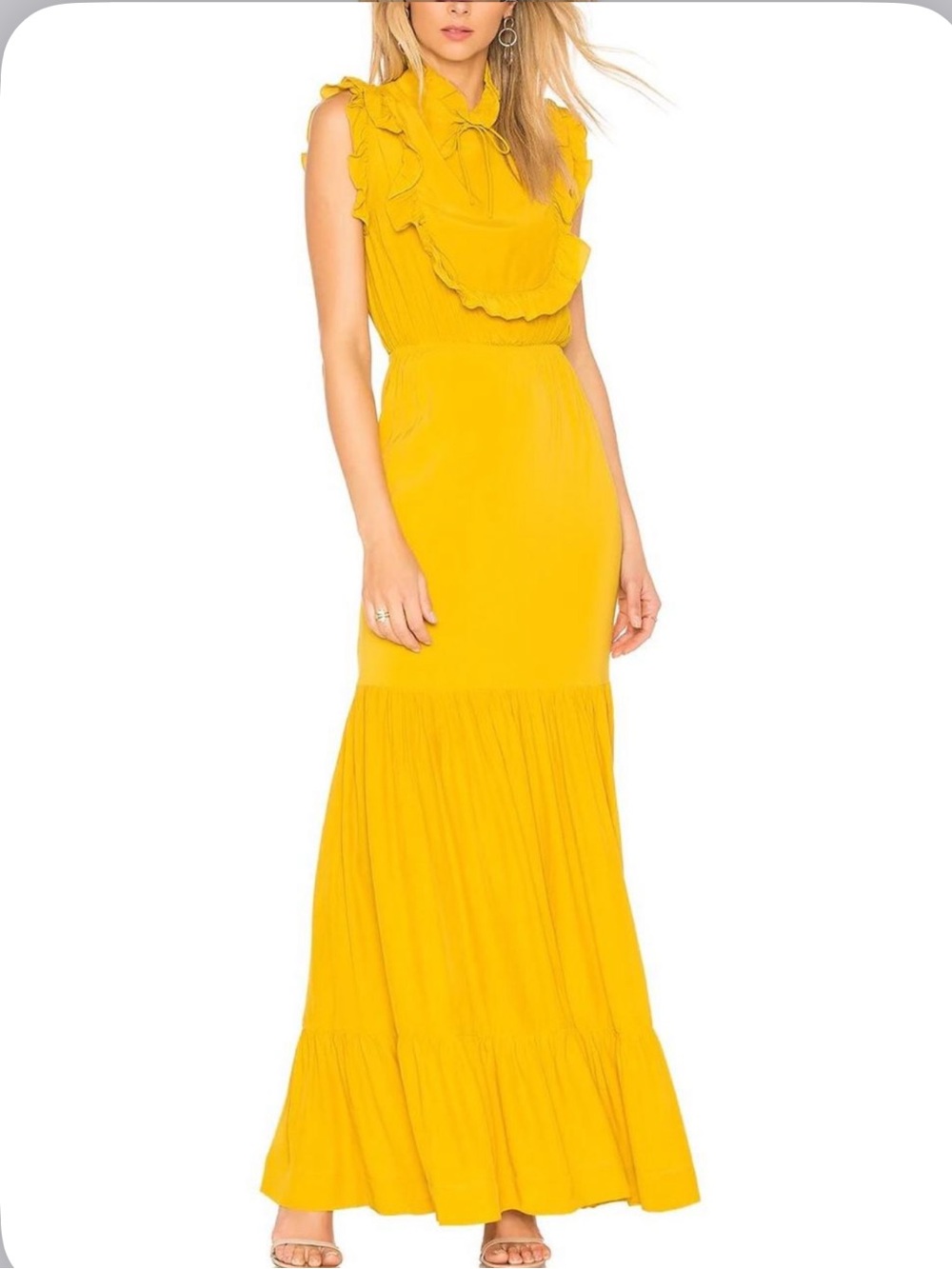 SWF Mock Neck Celeste Ruffle Maxi Dress Medium Mustard Yellow